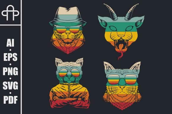 Cat Collection Retro Vector Illustration