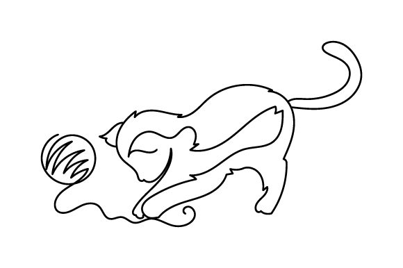 Cat Playing with Ball of Yarn Line Art Style