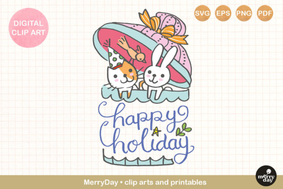 Cute Cat Bunny Happy Holiday